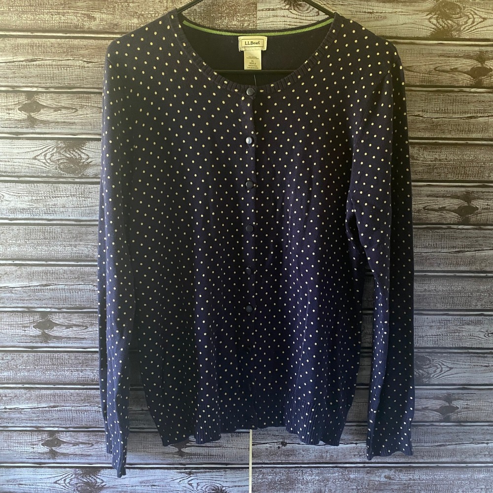 LL Bean Women's Long-Sleeved Button-Down Sweater Size XL Blue Polka-Dot NWOT
